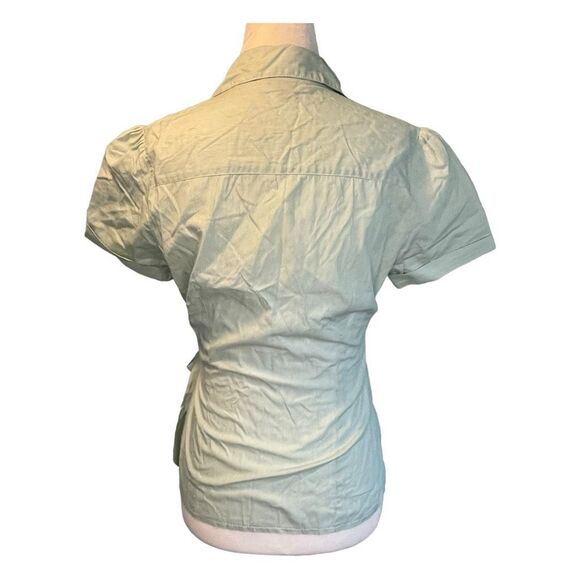 H&M Poplin Pinstripe Wrap Top Green White Knit Short Sleeve V-Neck Blouse 6 - Picture 4 of 8